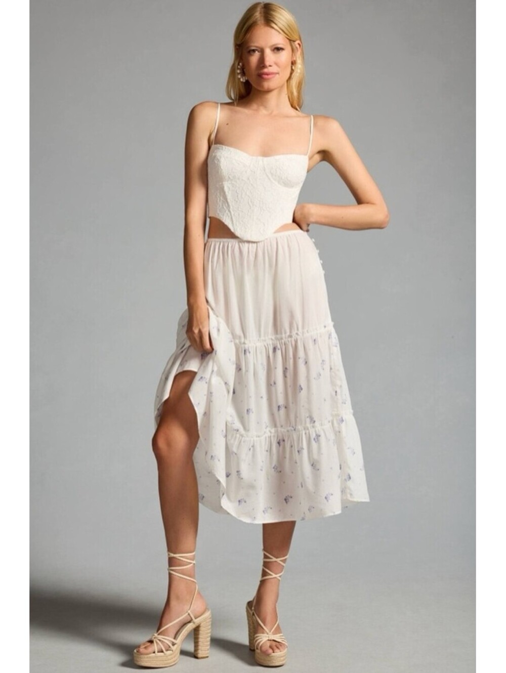 Anthropologie Sheer White Floral Midi Skirt Size Small NWOT